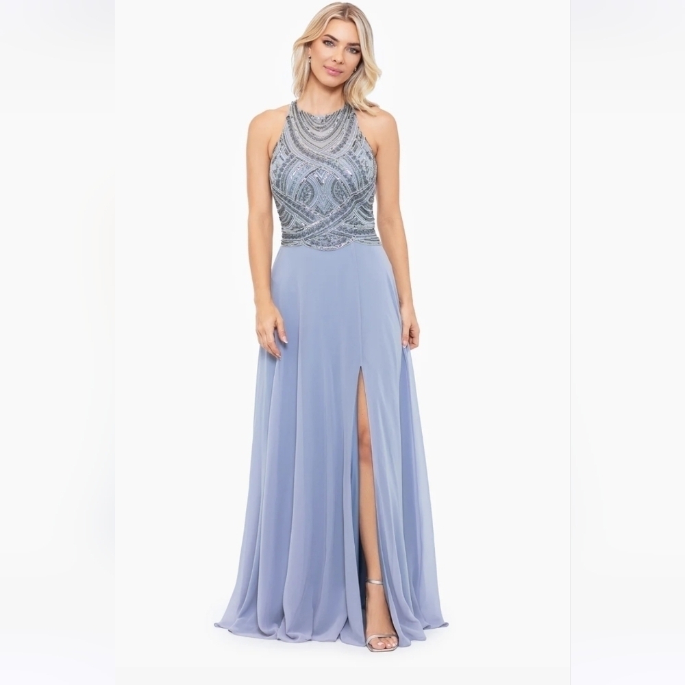 COPY - NWT Betsy & Adam Brianne Long Chiffon Beaded Halter Top Gown in Gray/Gun…